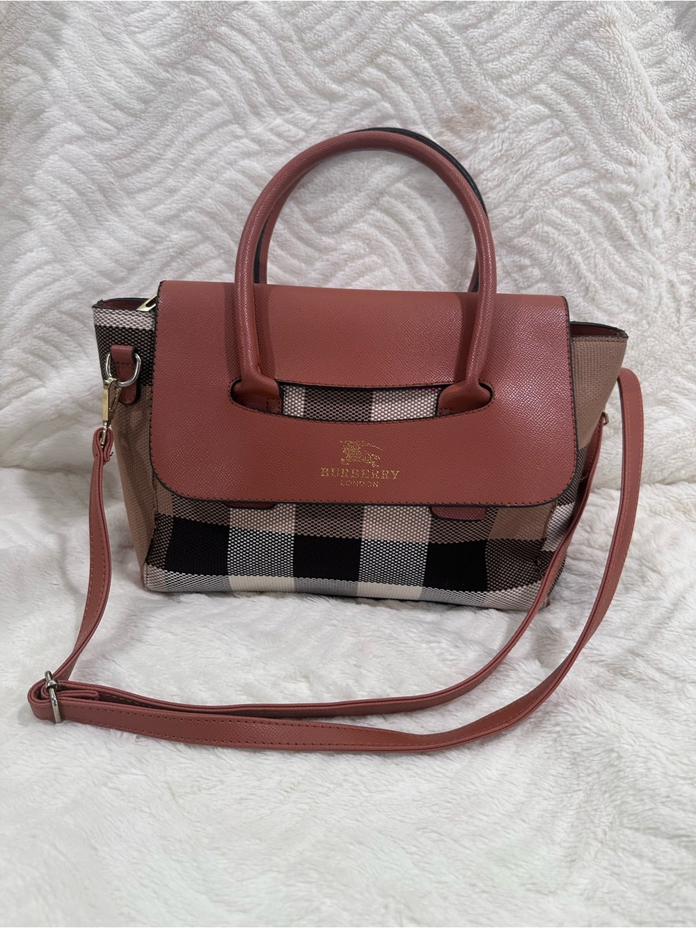 Burberry Brown Leather & Check Satchel with Top Handles - Picture 13 of 15